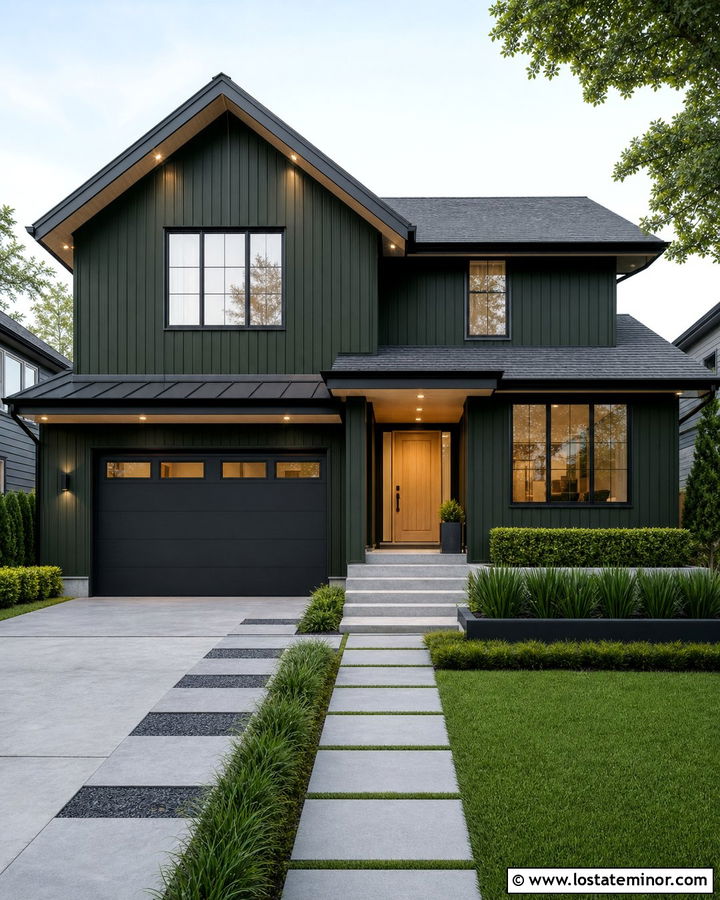Hunter Green House With Recessed Soffit Lights - 30 Hunter Green House Design With Lighting Ideas