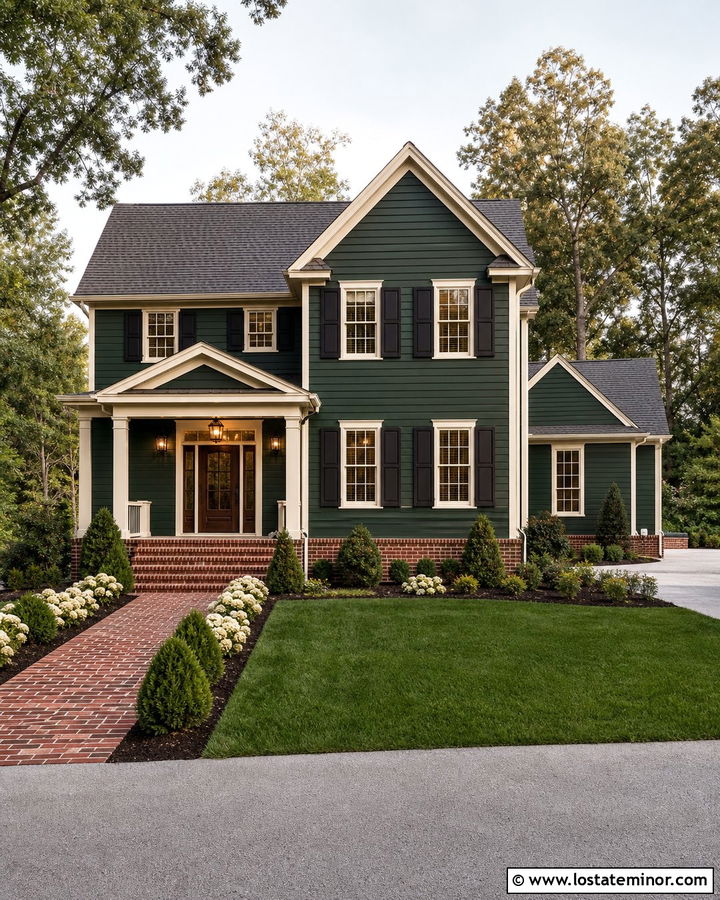 Hunter Green House With Red Brick Accents - 30 Hunter Green House Design With Accents Ideas