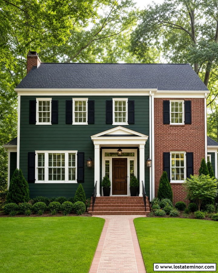 Hunter Green House With Red Brick And Black Shutters - 30 Hunter Green House Design With Shutters Ideas