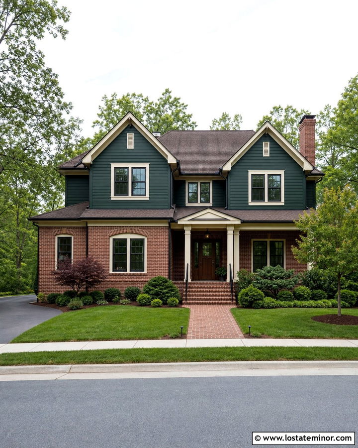 Hunter Green House With Red Brick And Brown Shingles - 30 Hunter Green House Design With Shingles Ideas