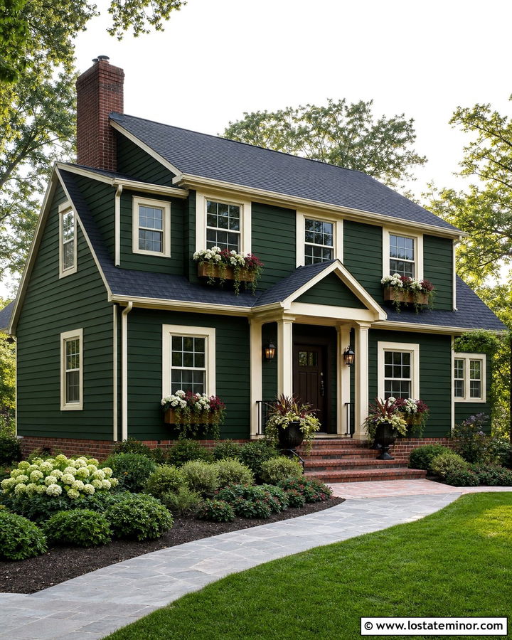 Hunter Green House With Red Brick And Window Boxes - 30 Hunter Green House Design With Window Boxes Ideas
