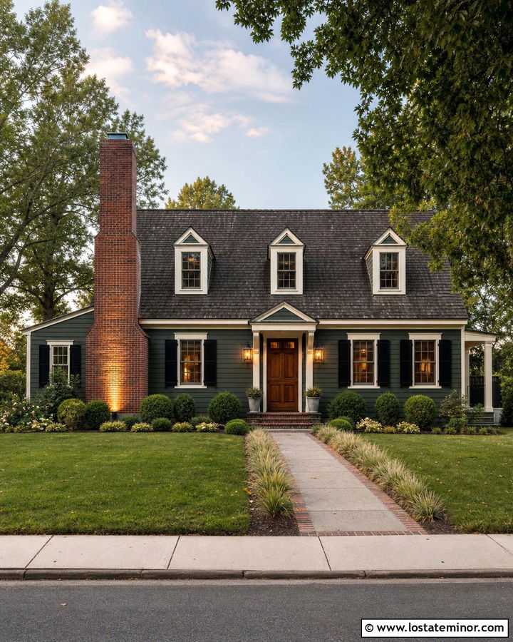 Hunter Green House With Red Brick Chimney And Spotlights - 30 Hunter Green House Design With Lighting Ideas