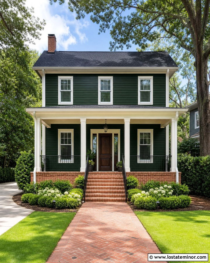 Hunter Green House With Red Brick Front Porch - 30 Hunter Green House Design With Front Porch Ideas