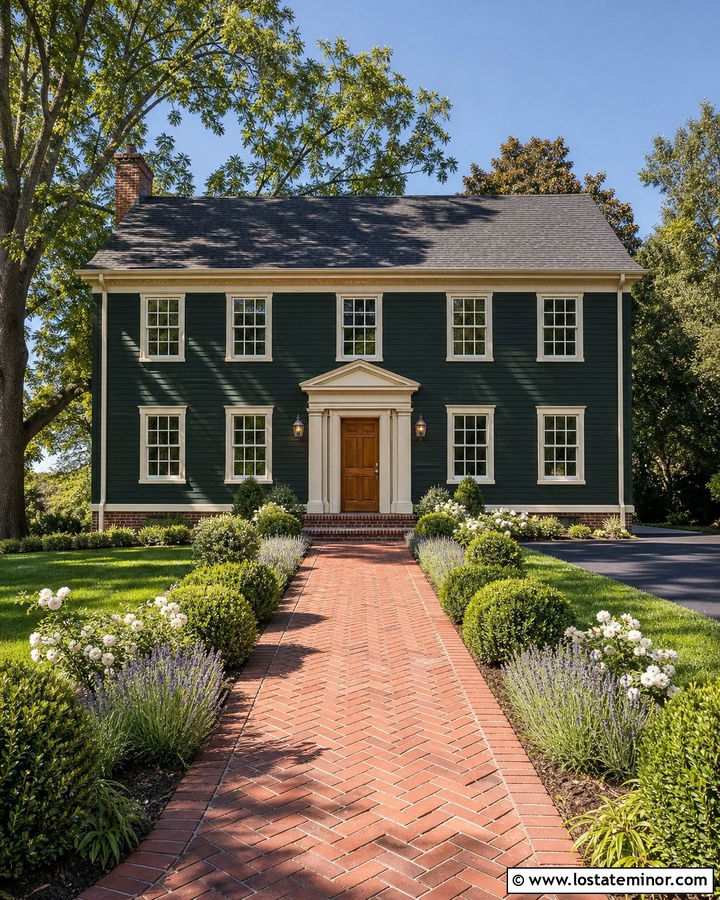 Hunter Green House With Red Brick Path - 30 Hunter Green House Design With Front Yard Ideas