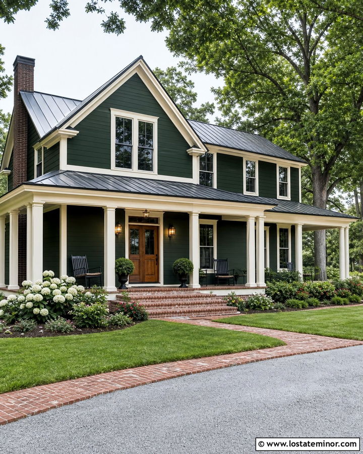 Hunter Green House With Red Brick Porch Steps - 30 Hunter Green House Design With Steps Ideas