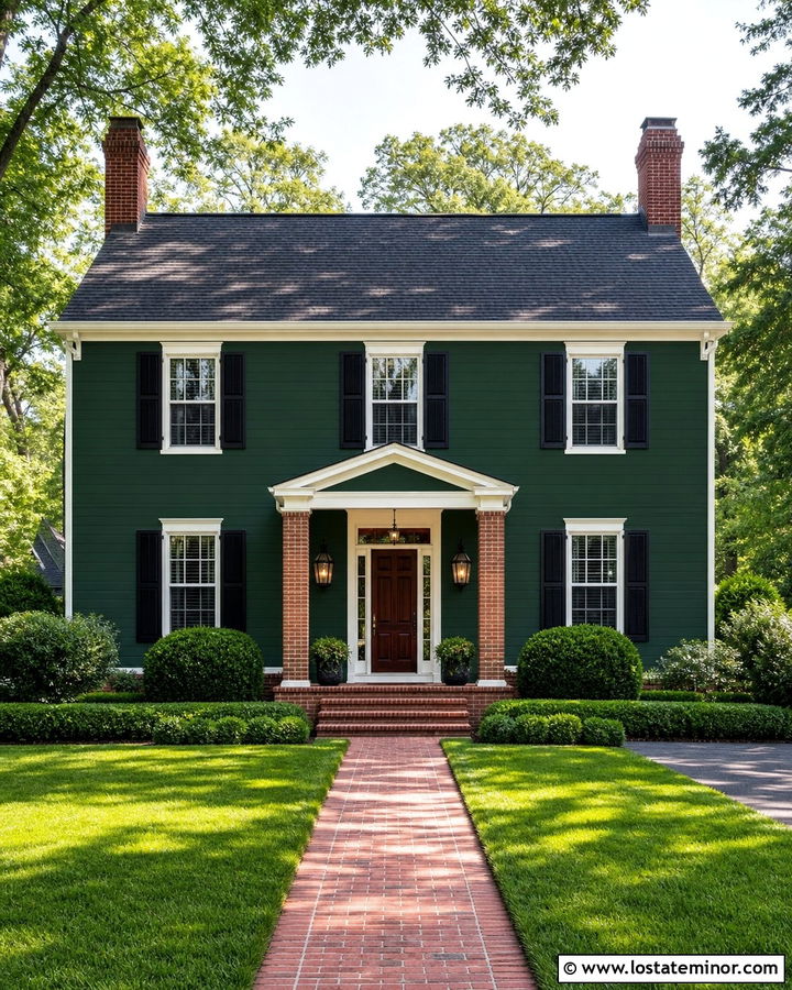 Hunter Green House With Red Brick Roof Accents - 30 Hunter Green House Design With Roof Ideas