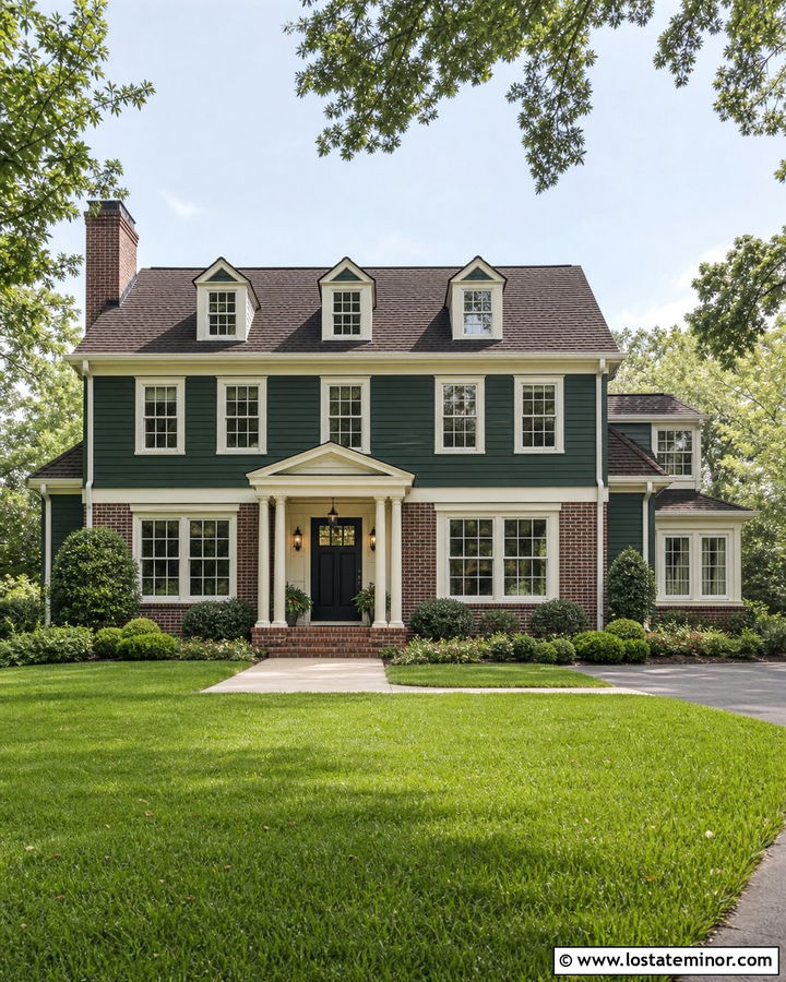 Hunter Green House With Red Brick Trim And Cream Details - 30 Hunter Green House Design With Trim Ideas