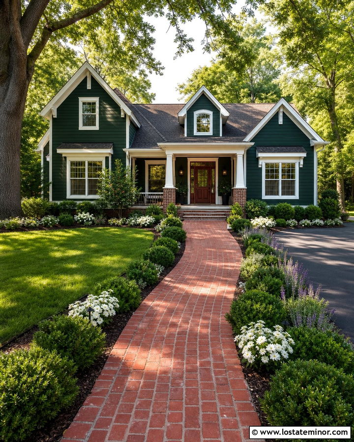 Hunter Green House With Red Brick Walkway Landscaping - 30 Hunter Green House Design With Landscaping Ideas