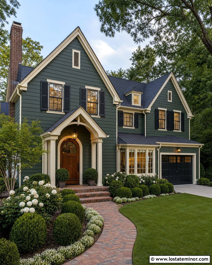 Hunter Green House With Red Brick Walkway - 30 Hunter Green House Design With Walkway Ideas
