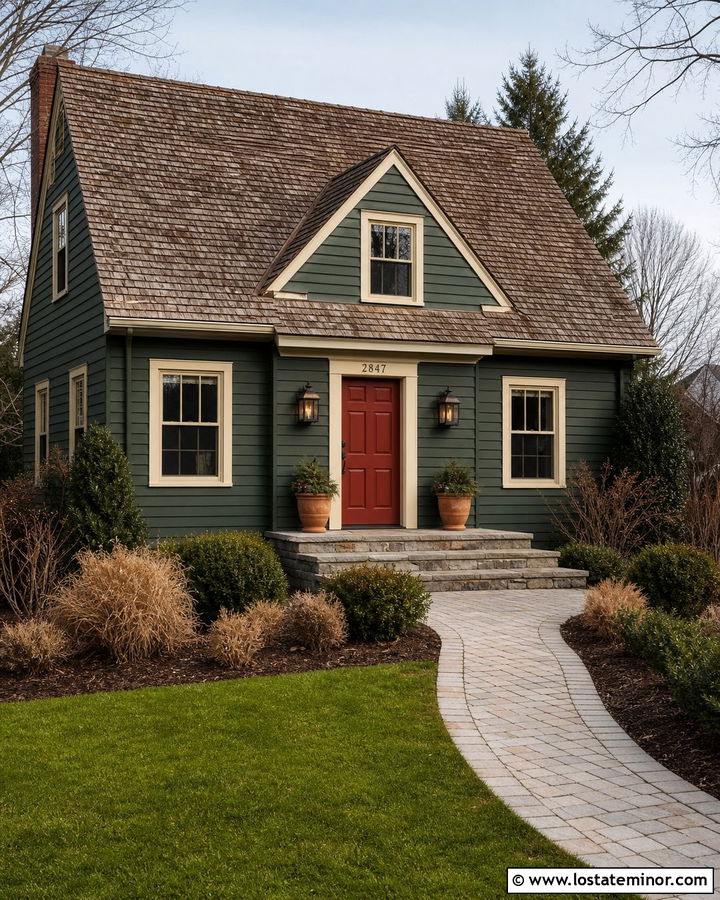 Hunter Green House With Red Door And Bronze Lights - 30 Hunter Green House Design With Light Fixtures Ideas