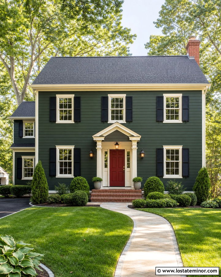 Hunter Green House With Red Door And Charcoal Shingles - 30 Hunter Green House Design With Shingles Ideas