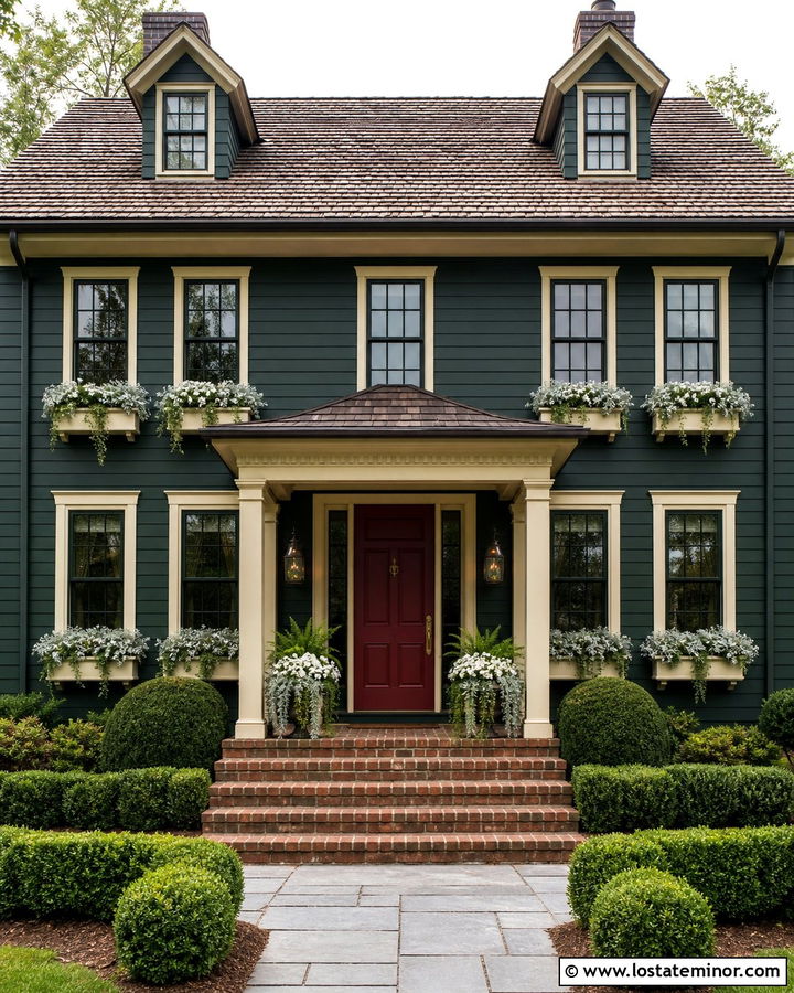 Hunter Green House With Red Door And Cream Window Boxes - 30 Hunter Green House Design With Window Boxes Ideas