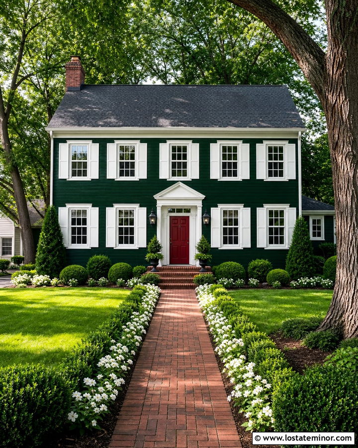 Hunter Green House With Red Door And White Shutters - 30 Hunter Green House Design With Shutters Ideas