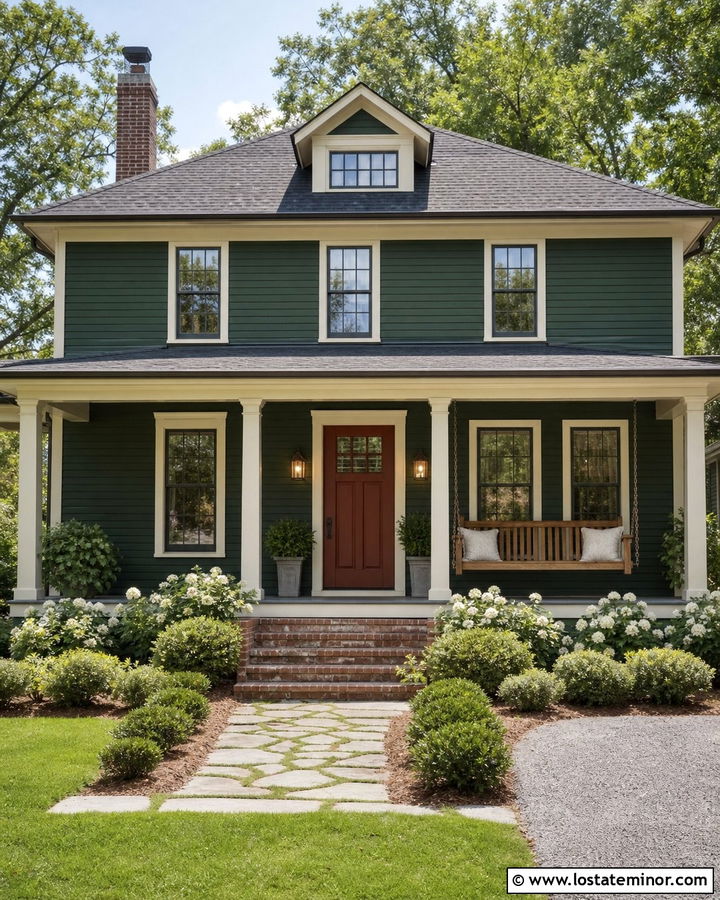Hunter Green House With Red Front Door And Swing - 30 Hunter Green House Design With Swing Ideas