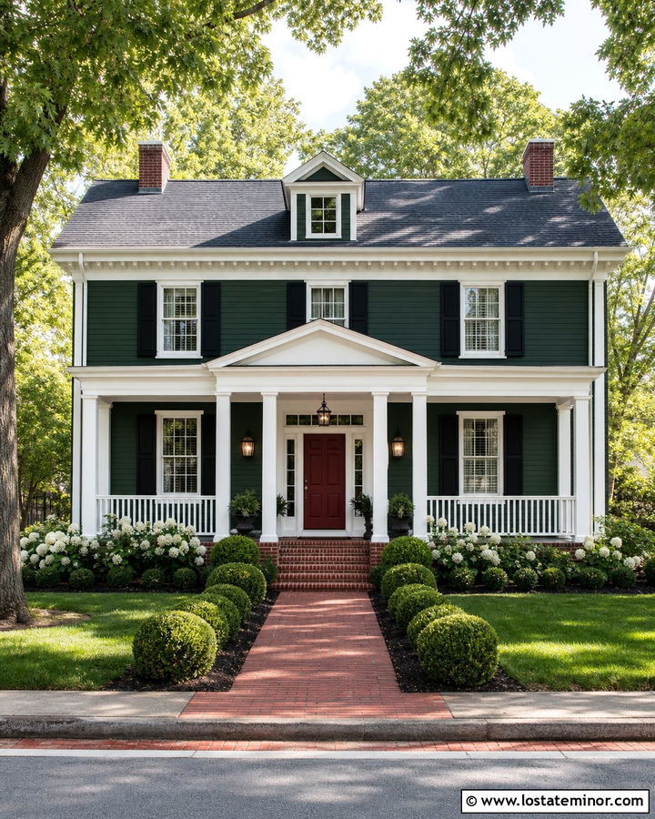 Hunter Green House With Red Front Door And White Columns - 30 Hunter Green House Design With Porch Columns Ideas