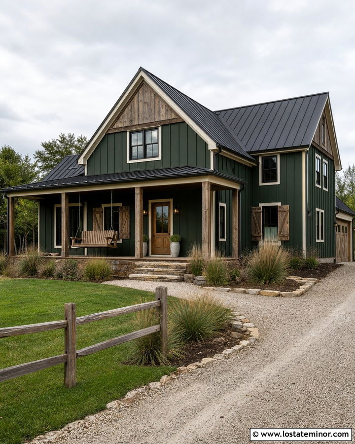 Hunter Green House With Rustic Barnwood Swing - 30 Hunter Green House Design With Swing Ideas