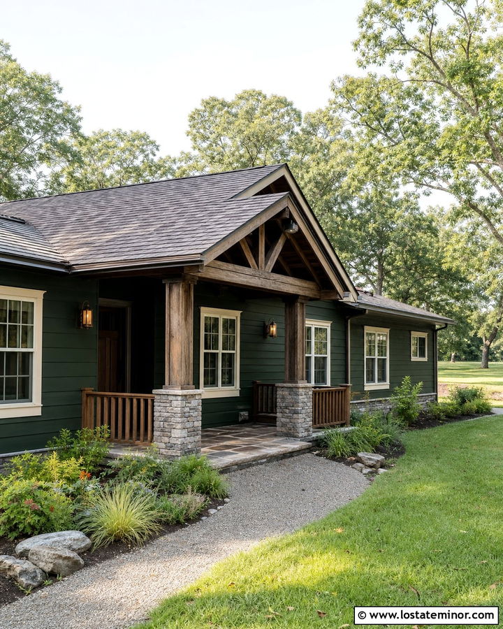 Hunter Green House With Rustic Log Porch - 30 Hunter Green House Design With Front Porch Ideas
