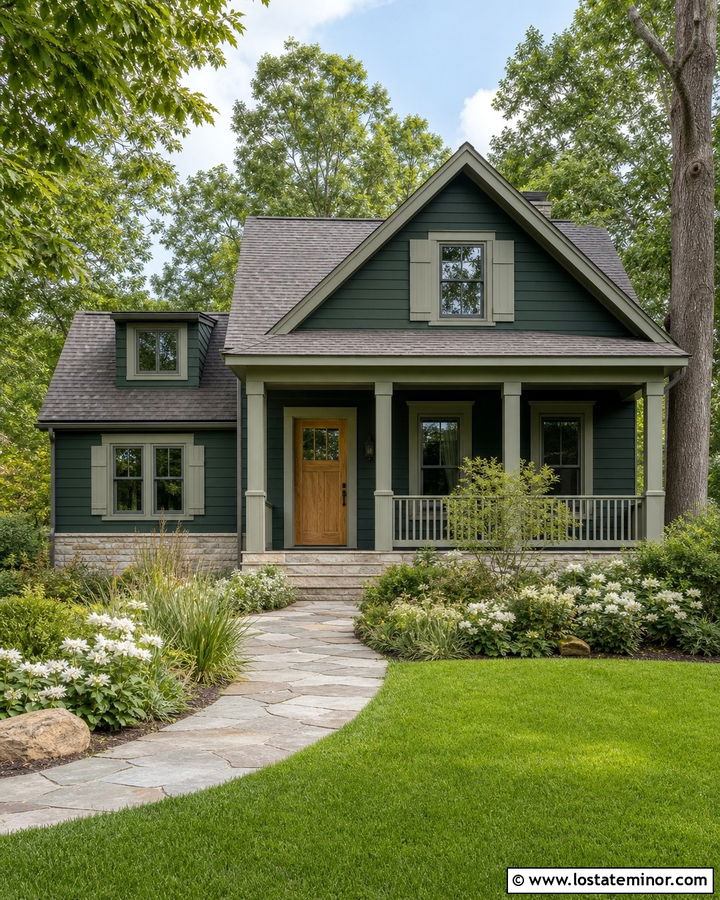 Hunter Green House With Sage Trim And Stone Walkway - 30 Hunter Green House Design With Trim Ideas