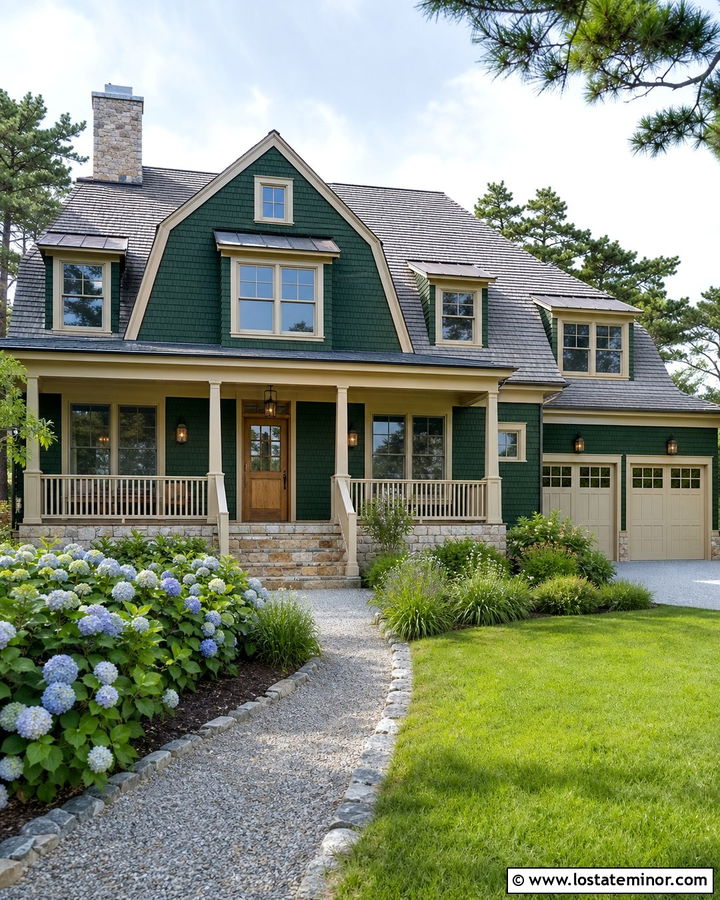 Hunter Green House With Sand Trim And Coastal Stone - 30 Hunter Green House Design With Trim Ideas