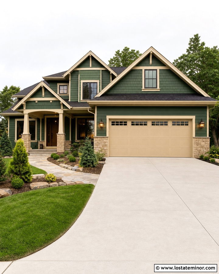Hunter Green House With Sandstone Garage Door - 30 Hunter Green House Design With Garage Door Ideas