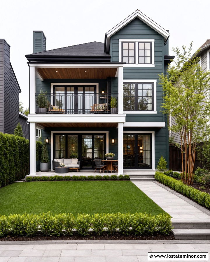 Hunter Green House With Second Story Balcony - 30 Hunter Green House Design With Backyard Ideas