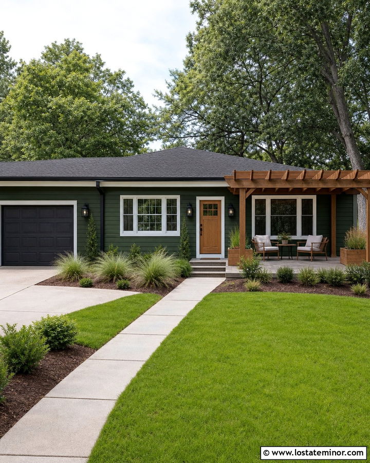 Hunter Green House With Simple Wood Pergola - 30 Hunter Green House Design With Pergola Ideas