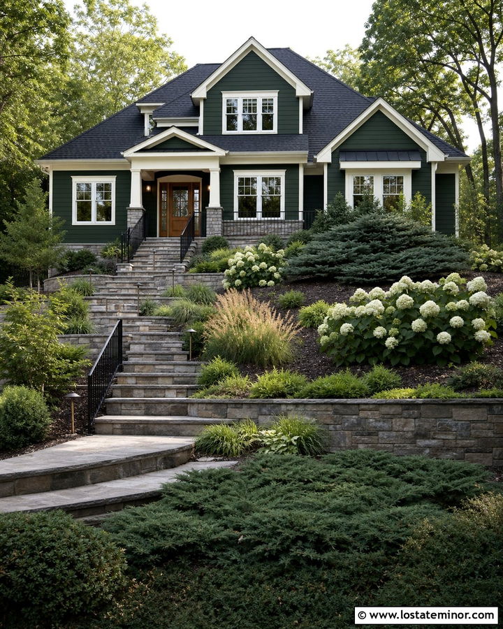 Hunter Green House With Sloped Front Yard - 30 Hunter Green House Design With Front Yard Ideas
