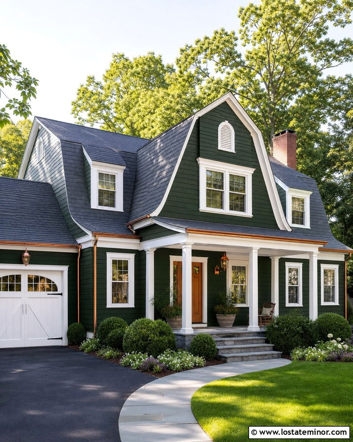 Hunter Green House With Soft White Trim And Copper Door - 30 Hunter Green House Design With Trim Ideas