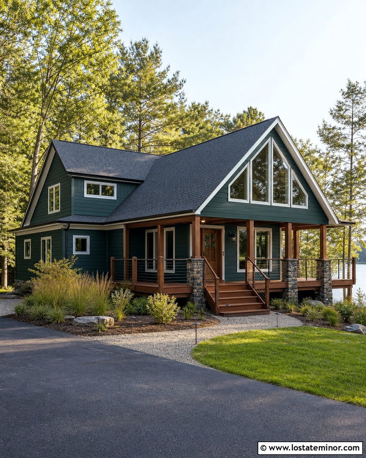 Hunter Green House With Stained Wood Deck - 30 Hunter Green House Design With Accents Ideas