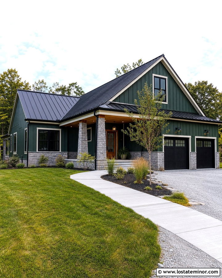 Hunter Green House With Stone And Black Metal Roof - 30 Hunter Green House Design With Stone Accents Ideas