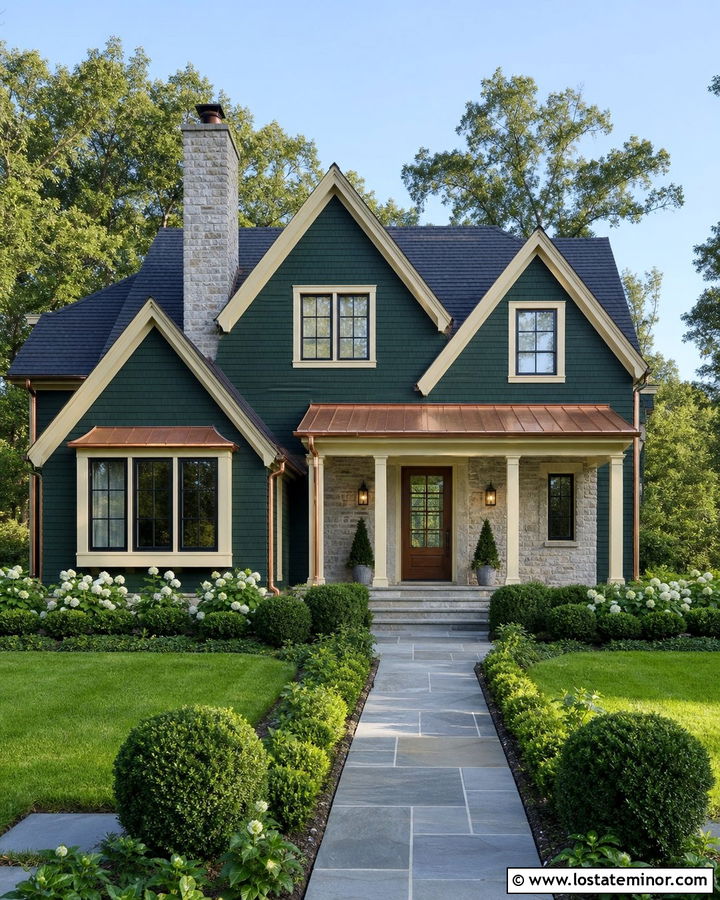 Hunter Green House With Stone And Copper Accents - 30 Hunter Green House Design With Stone Accents Ideas