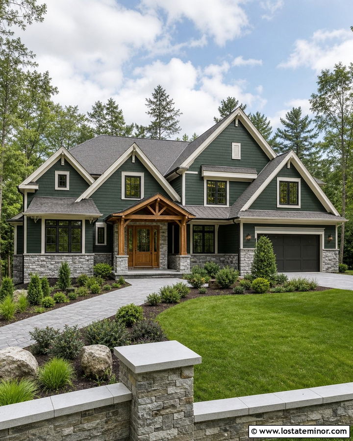 Hunter Green House With Stone And Gray Shingles - 30 Hunter Green House Design With Shingles Ideas