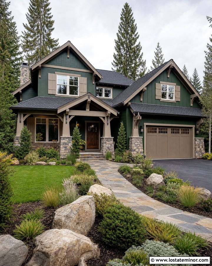 Hunter Green House With Stone And Taupe Shutters - 30 Hunter Green House Design With Shutters Ideas
