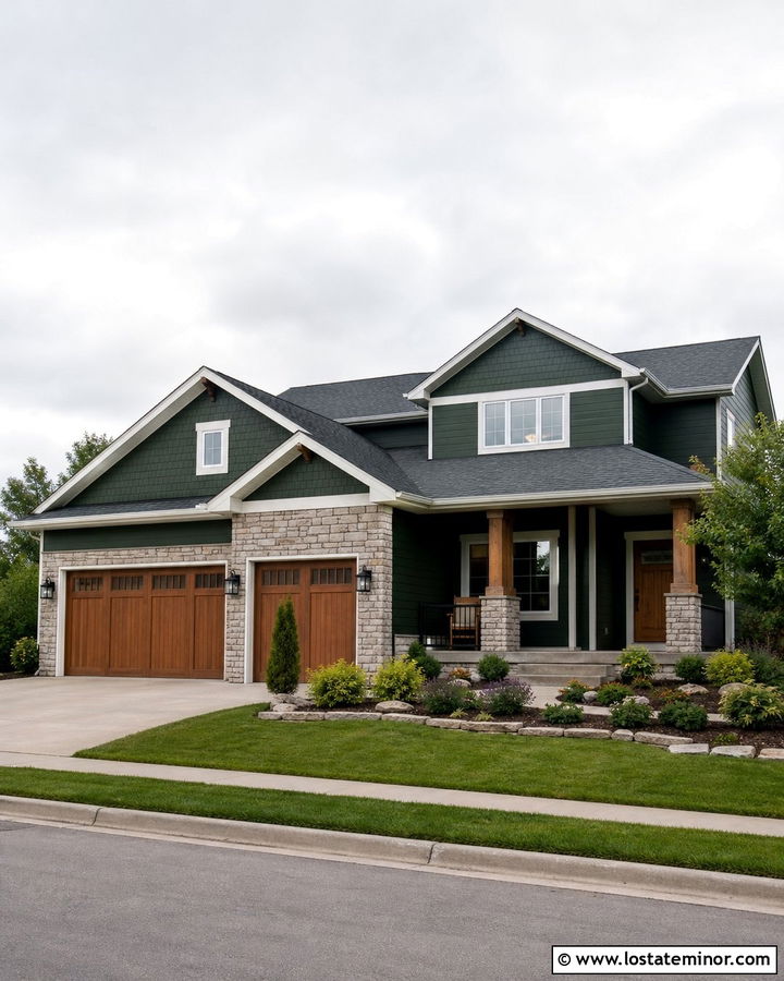 Hunter Green House With Stone And Wood Garage Doors - 30 Hunter Green House Design With Stone Accents Ideas