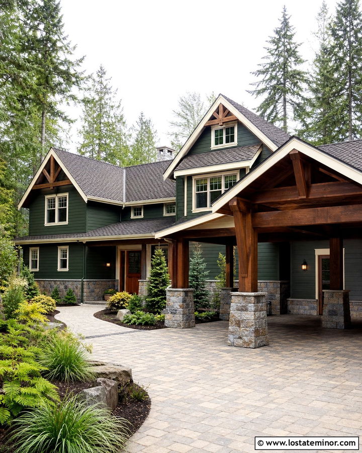 Hunter Green House With Stone Carport Columns - 30 Hunter Green House Design With Carport Ideas