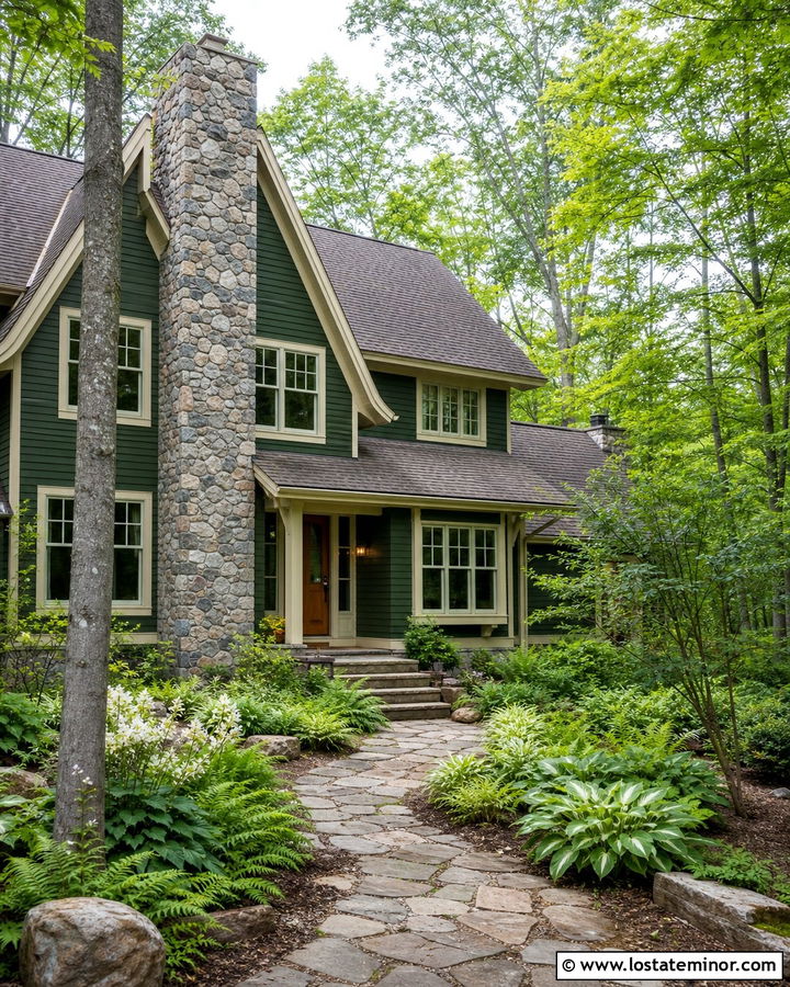 Hunter Green House With Stone Chimney And Woodland Landscaping - 30 Hunter Green House Design With Landscaping Ideas