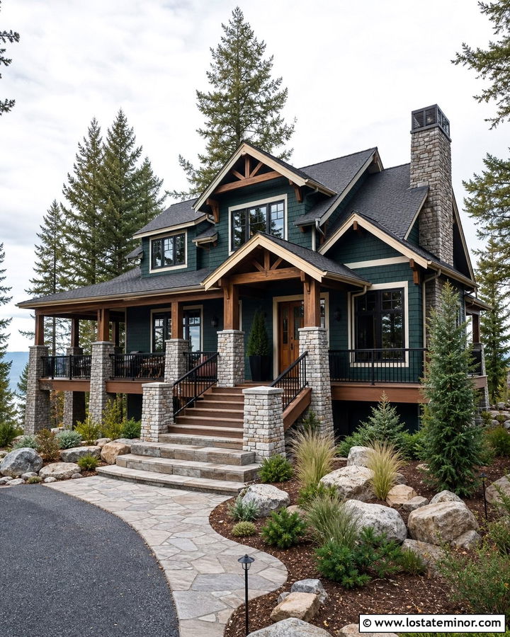 Hunter Green House With Stone Column Deck - 30 Hunter Green House Design With Deck Ideas