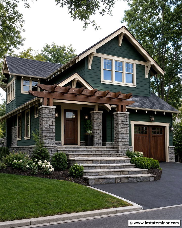 Hunter Green House With Stone Column Pergola - 30 Hunter Green House Design With Pergola Ideas