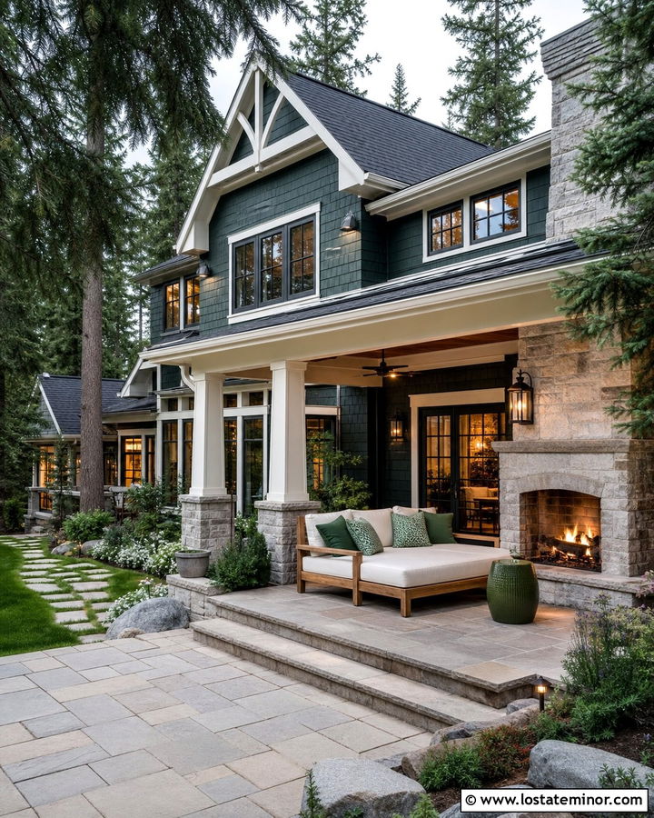 Hunter Green House With Stone Fireplace Daybed - 30 Hunter Green House Design With Daybed Ideas