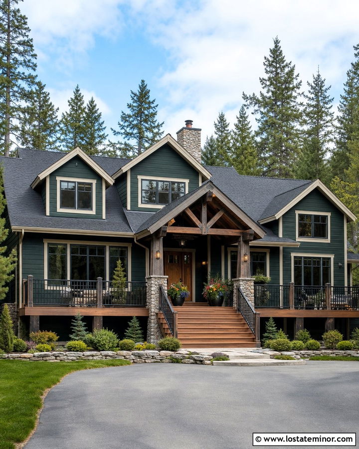 Hunter Green House With Stone Framed Deck - 30 Hunter Green House Design With Deck Ideas