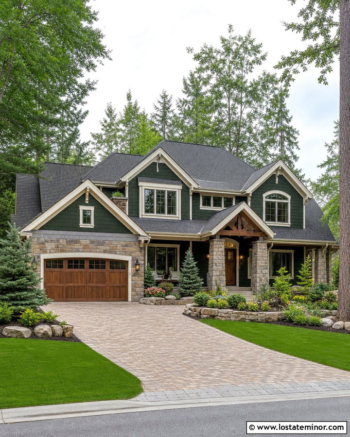 Hunter Green House With Stone Garage Surround - 30 Hunter Green House Design With Garage Door Ideas