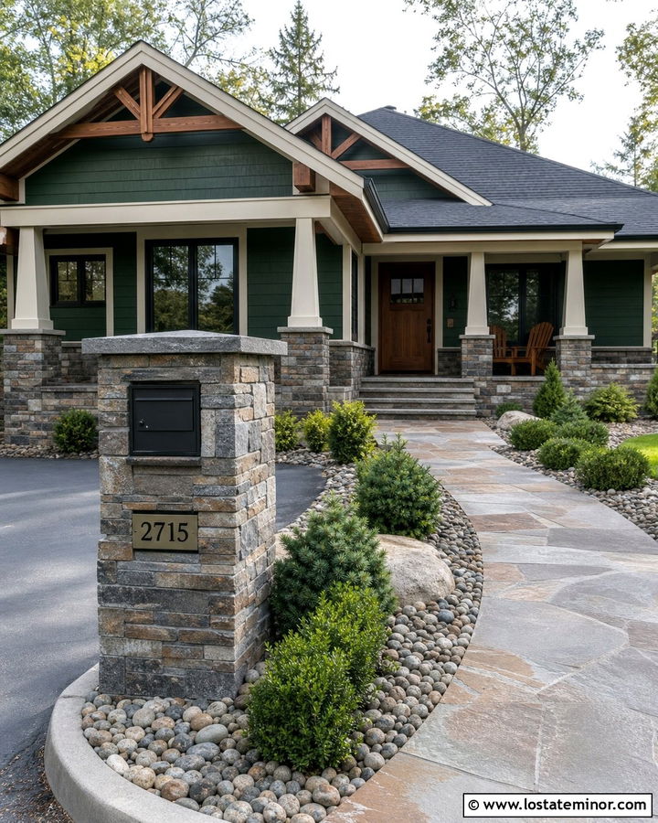 Hunter Green House With Stone Mailbox Column - 30 Hunter Green House Design With Mailbox Ideas