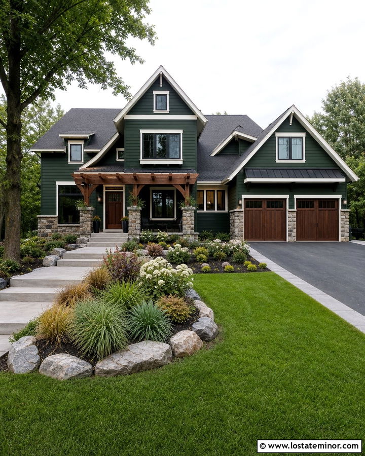 Hunter Green House With Stone Pergola Columns - 30 Hunter Green House Design With Pergola Ideas
