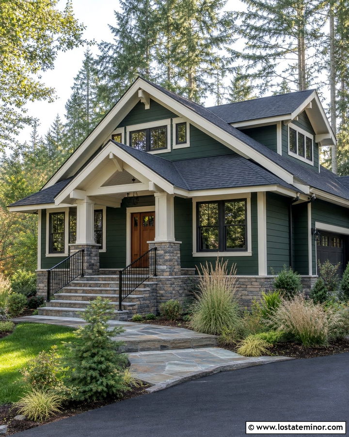 Hunter Green House With Stone Porch And Black Railings - 30 Hunter Green House Design With Railings Ideas