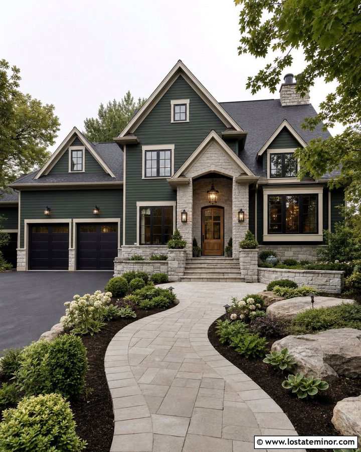Hunter Green House With Stone Porch And Pendant Light - 30 Hunter Green House Design With Light Fixtures Ideas