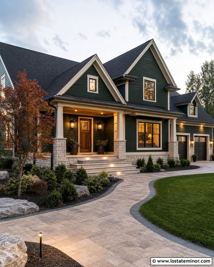 Hunter Green House With Stone Porch And Step Lighting - 30 Hunter Green House Design With Lighting Ideas
