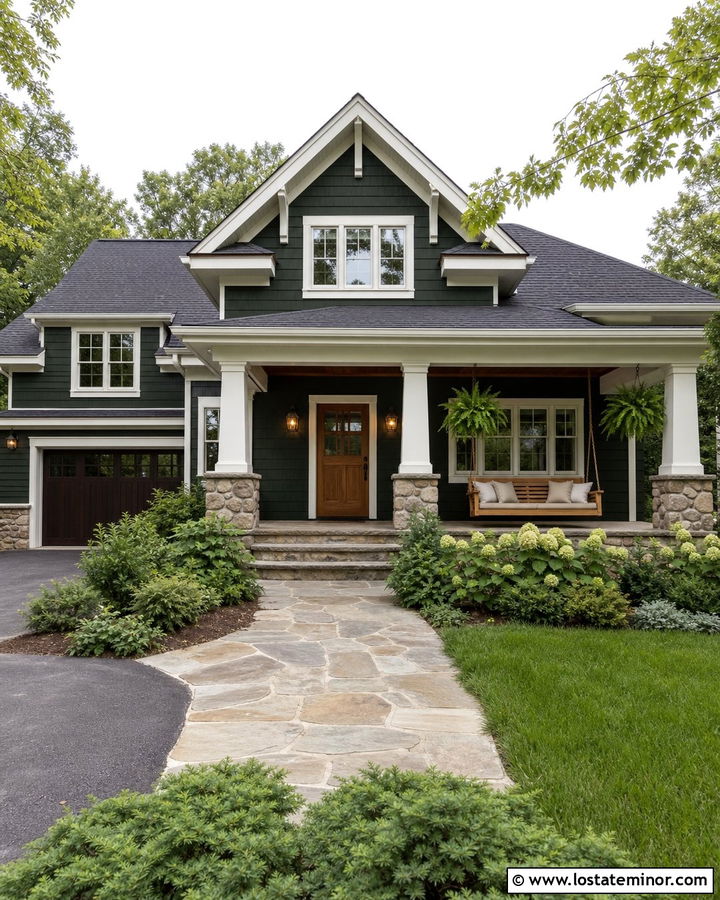 Hunter Green House With Stone Porch And Swing - 30 Hunter Green House Design With Swing Ideas