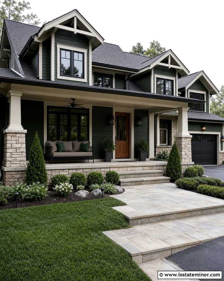 Hunter Green House With Stone Porch Daybed - 30 Hunter Green House Design With Daybed Ideas