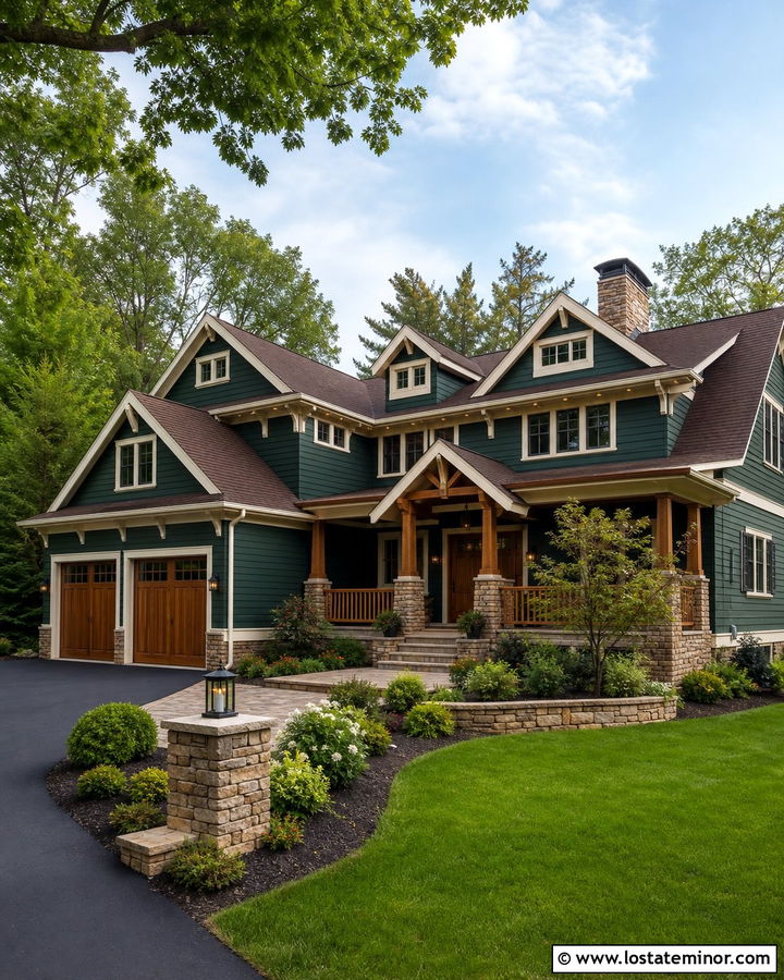 Hunter Green House With Tan Stone And Wood Railings - 30 Hunter Green House Design With Railings Ideas
