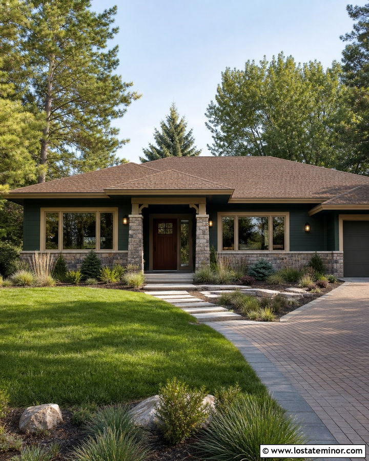 Hunter Green House With Tan Trim And Stone Columns - 30 Hunter Green House Design With Trim Ideas